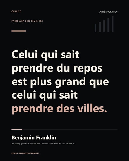 Celui qui sait prendre du repos est plus grand que celui qui sait prendre des villes. — Benjamin Franklin