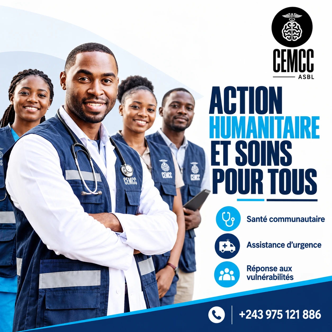 Affiche CEMCC : action humanitaire, santé communautaire, assistance d’urgence et réponse aux vulnérabilités. Contact : +243 975 121 886.