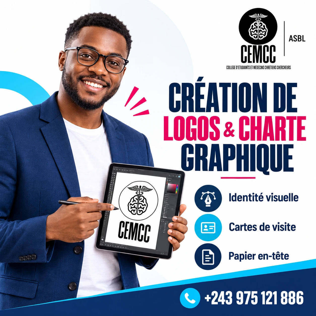 Affiche CEMCC : création de logos et de chartes graphiques, cartes de visite et papier en-tête. Contact : +243 975 121 886.