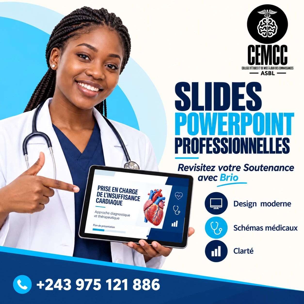 Affiche CEMCC : présentations PowerPoint pour les soutenances, design, schémas médicaux et clarté. Contact : +243 975 121 886.