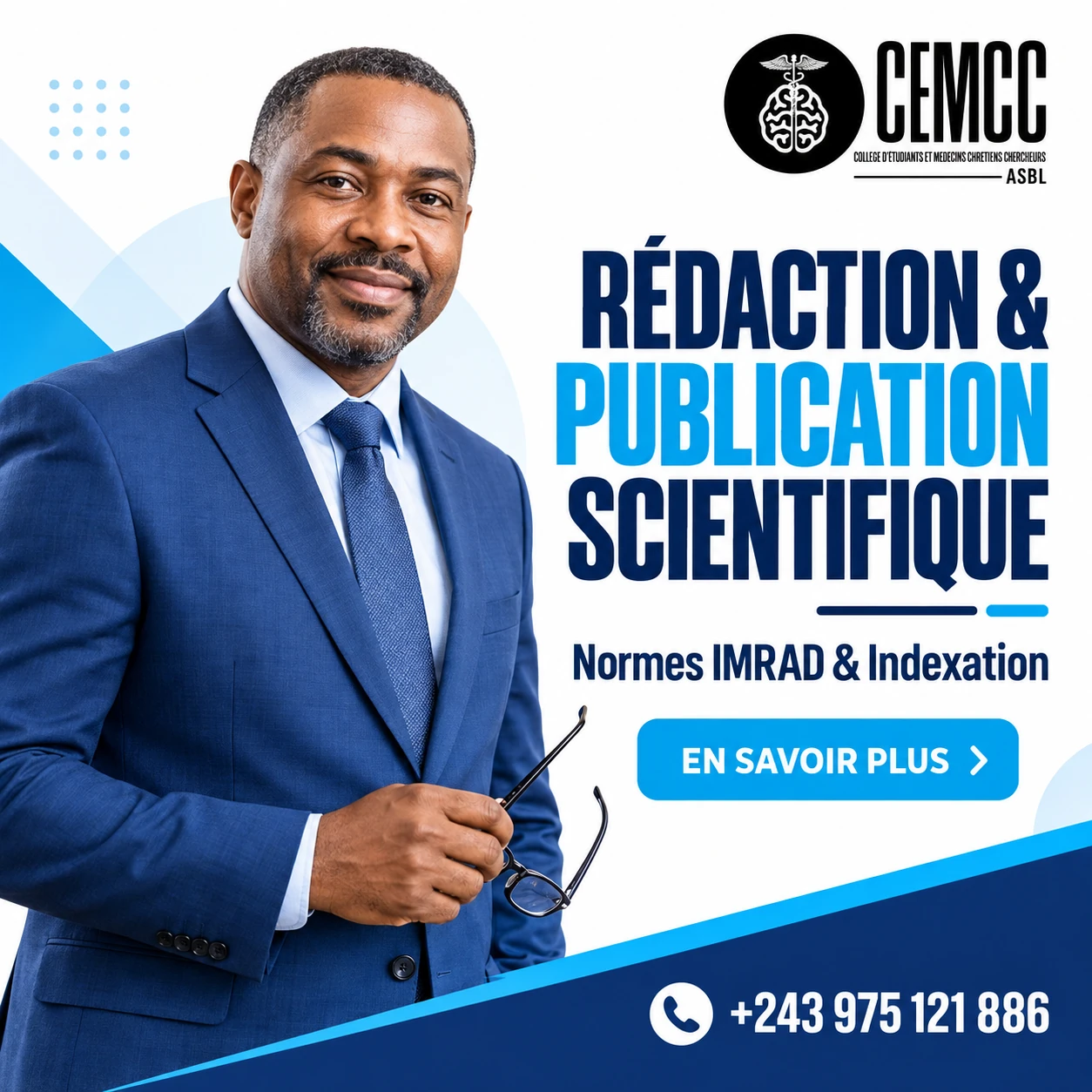Affiche CEMCC : rédaction et publication scientifique, normes IMRAD et indexation. Contact : +243 975 121 886.